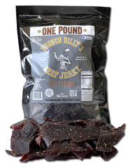 Bronco Billy's Maple Peppered jerky bag front view, premium USA beef.