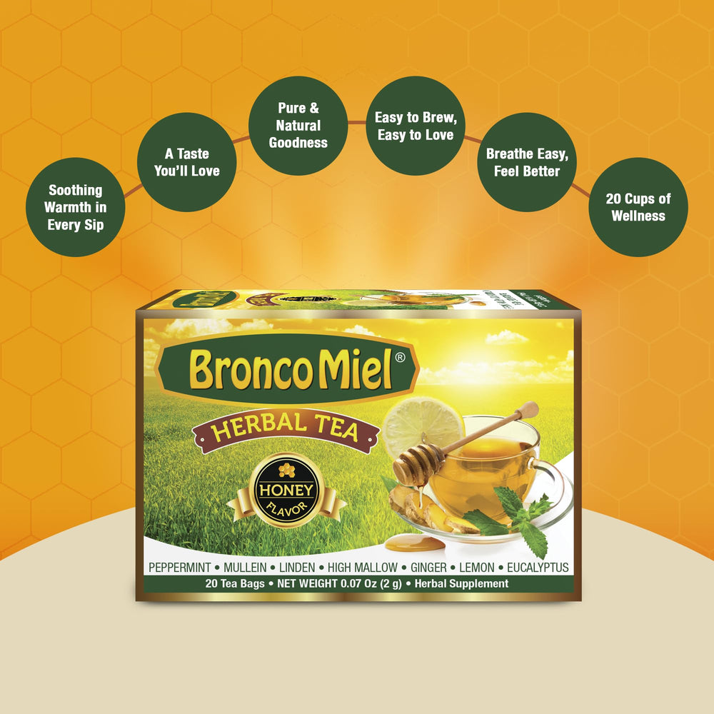 BRONCOMIEL honey-flavored tea bag enhances a warm, comforting beverage.