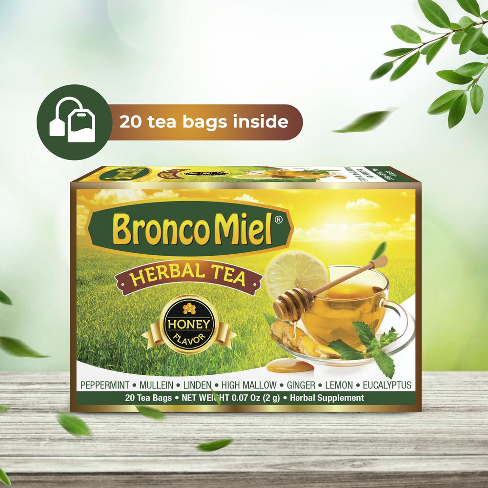 BRONCOMIEL packaging-shot highlights the herbal tea's natural ingredients.