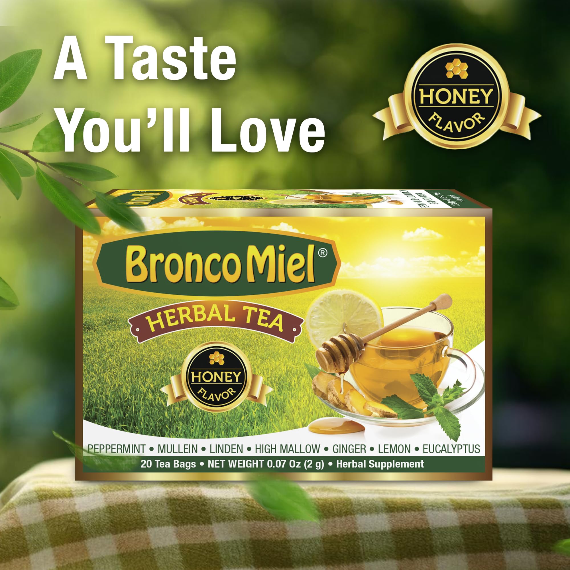 BRONCOMIEL steaming-cup invites a cozy, relaxing tea moment.
