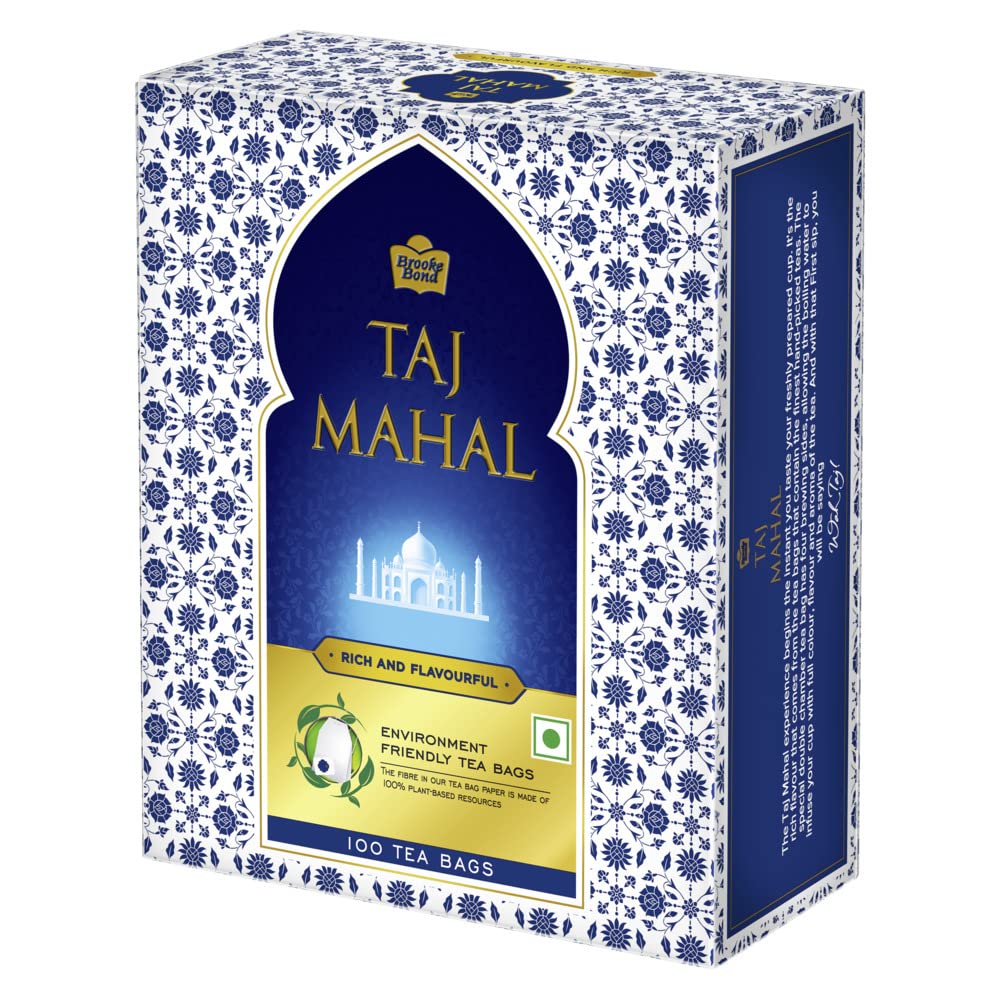 Close-up of Taj Mahal tea bag tag with Brooke Bond branding