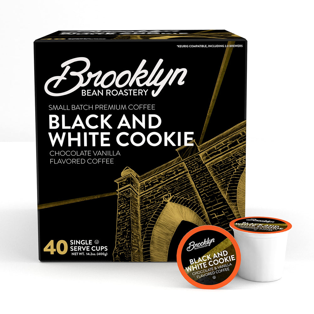 Brooklyn Beans Black and White Cookie pods with vanilla chocolate swirl for a dessert-inspired cup.