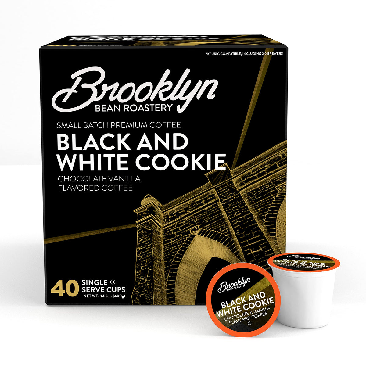 Brooklyn Beans Black and White Cookie pods with vanilla chocolate swirl for a dessert-inspired cup.