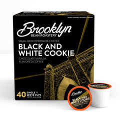 Brooklyn Beans Black and White Cookie pods with vanilla chocolate swirl for a dessert-inspired cup.