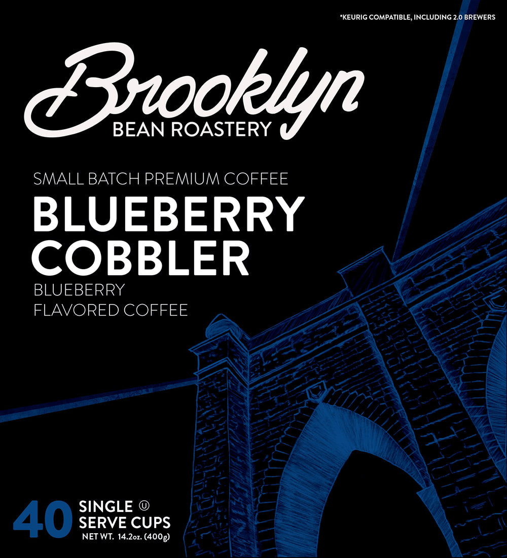 Brooklyn Beans Blueberry Cobbler pods in Keurig-compatible box for quick brews.