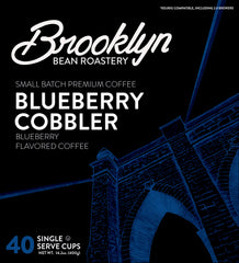 Brooklyn Beans Blueberry Cobbler pods in Keurig-compatible box for quick brews.