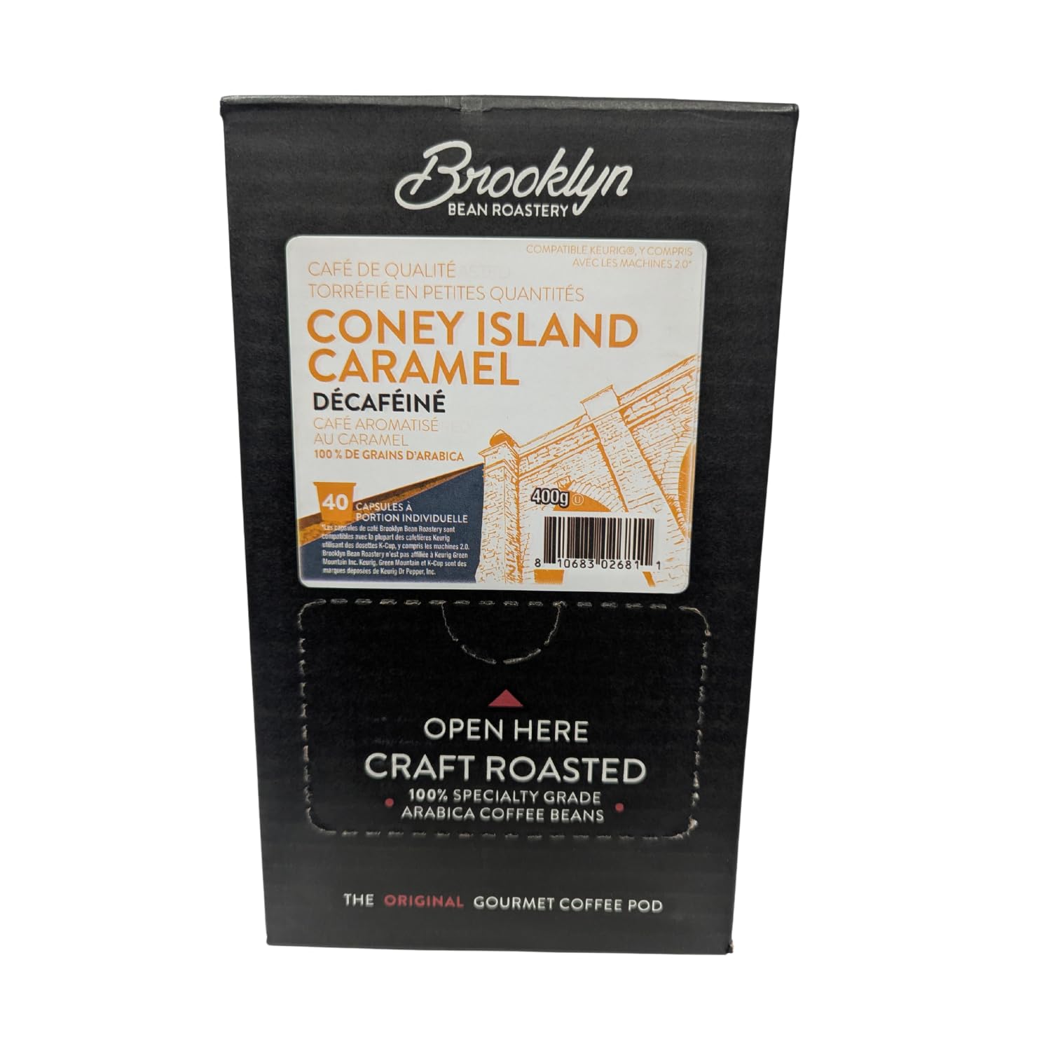 Boxed 40-count Brooklyn Beans Coney Island Caramel Decaf for daily Keurig brewing.