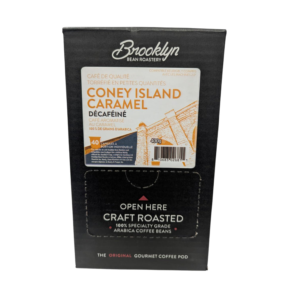 Boxed 40-count Brooklyn Beans Coney Island Caramel Decaf for daily Keurig brewing.