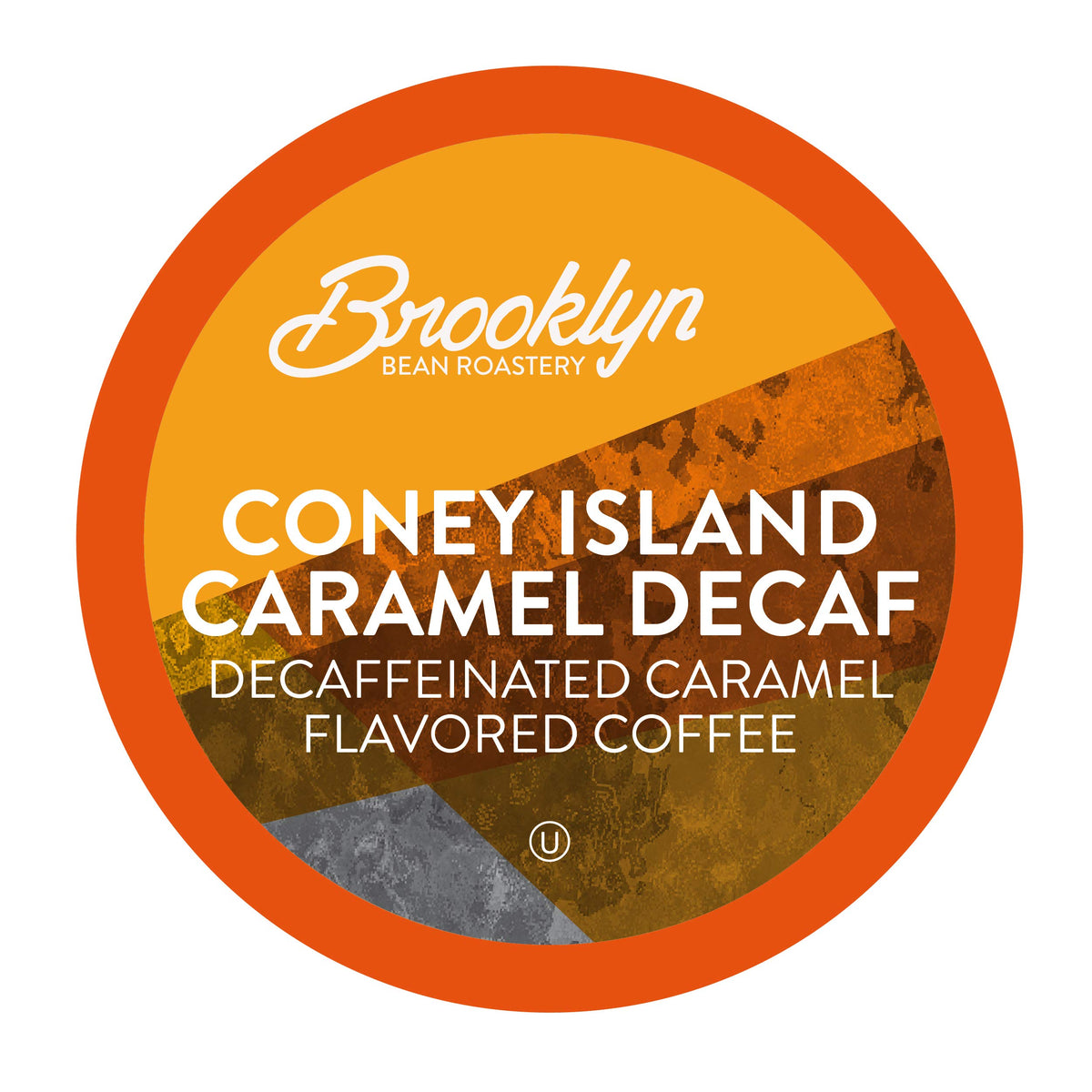 Brooklyn Beans Coney Island Caramel Decaf pods with steaming mug of creamy caramel.