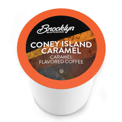 A cup of Brooklyn Beans Coney Island Caramel showing creamy caramel notes.