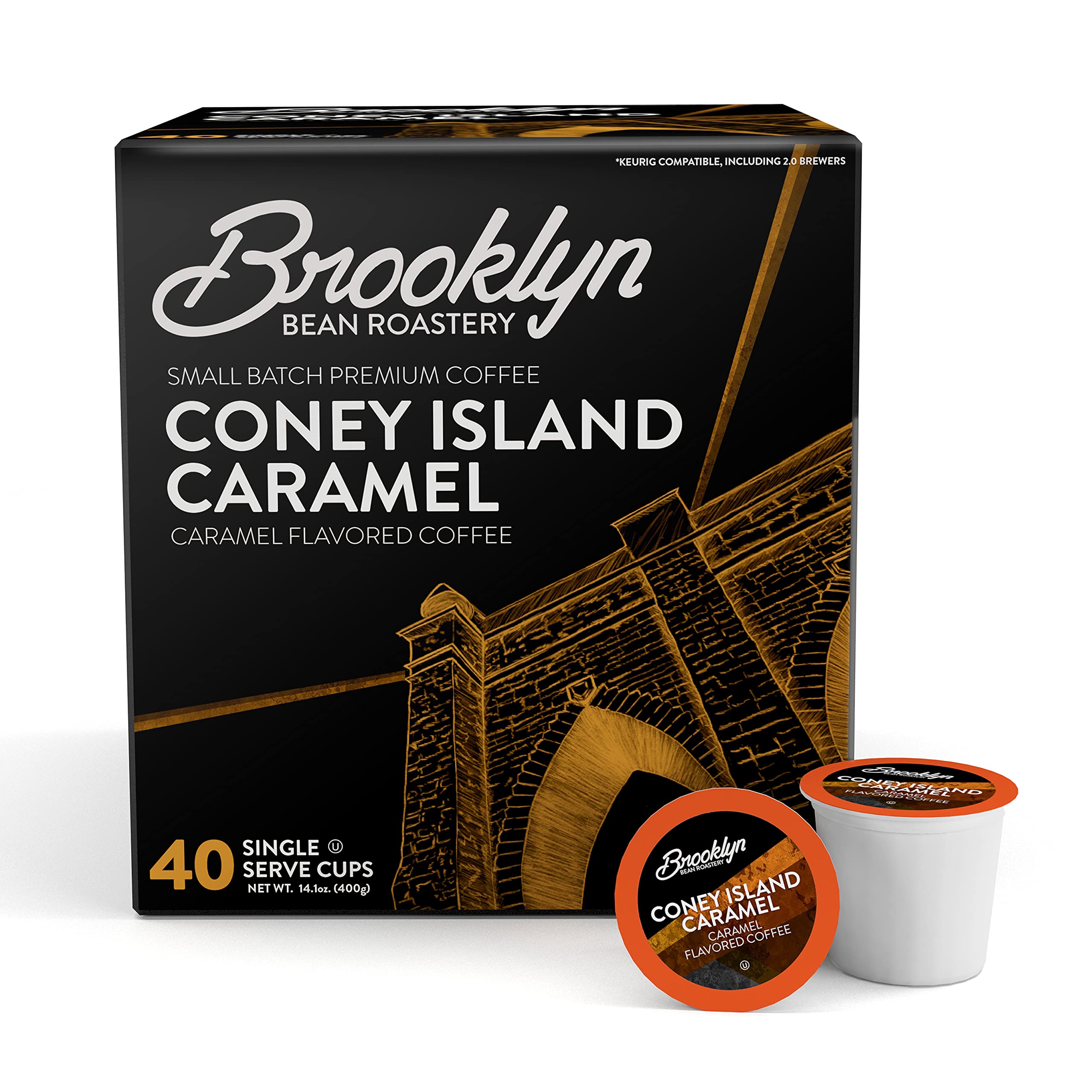 Brooklyn Beans Coney Island Caramel pods in a pack for Keurig brewers.