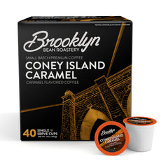 Brooklyn Beans Coney Island Caramel pods in a pack for Keurig brewers.