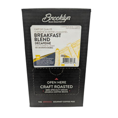 Forty-count box of Brooklyn Beans Decaf Breakfast Blend for daily use.