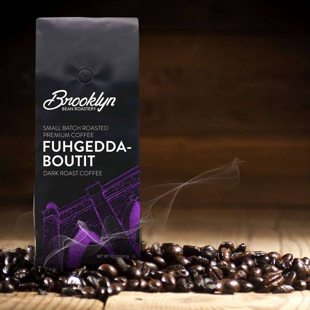 Brooklyn Beans Fuhgeddaboutit Arabica close-up, highlighting high-quality beans and rich aroma.