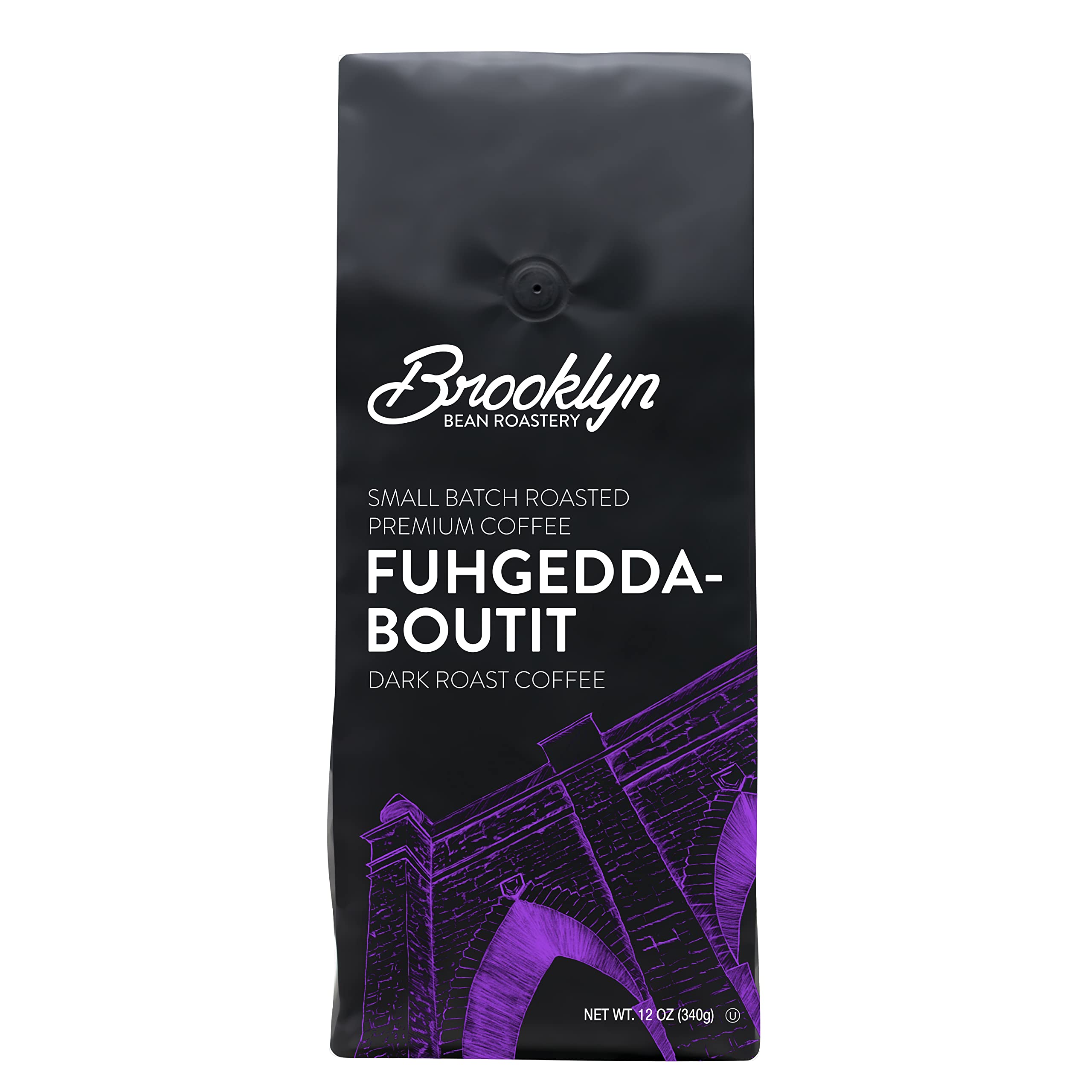 Brooklyn Beans Fuhgeddaboutit dark roast bag, showcasing premium Arabica beans for bold morning flavor.