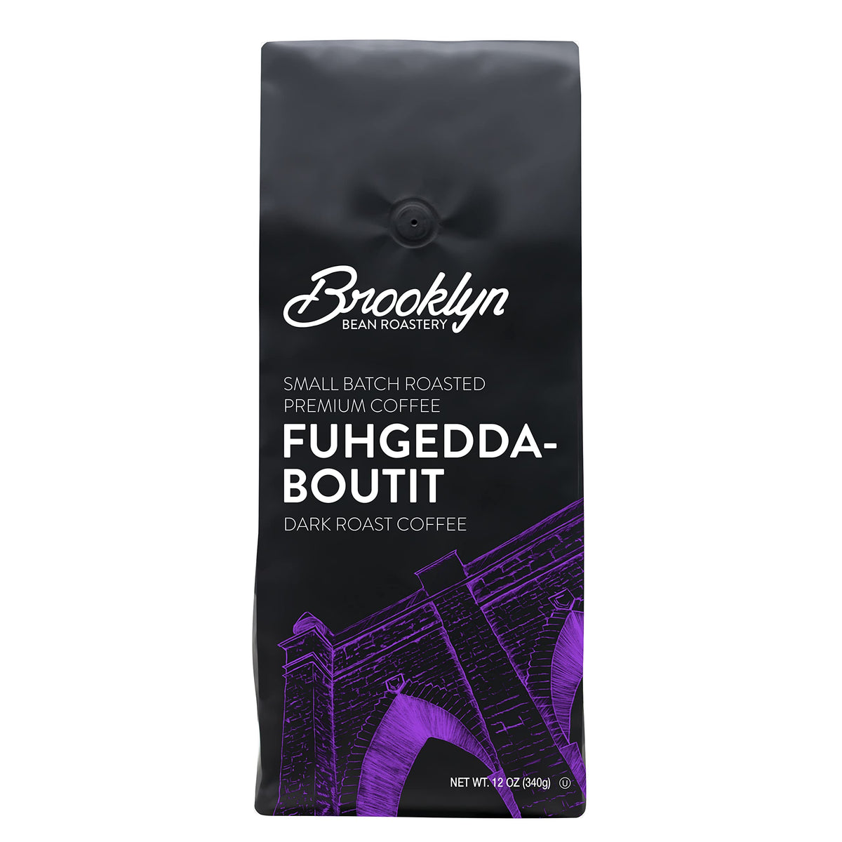 Brooklyn Beans Fuhgeddaboutit dark roast bag, showcasing premium Arabica beans for bold morning flavor.