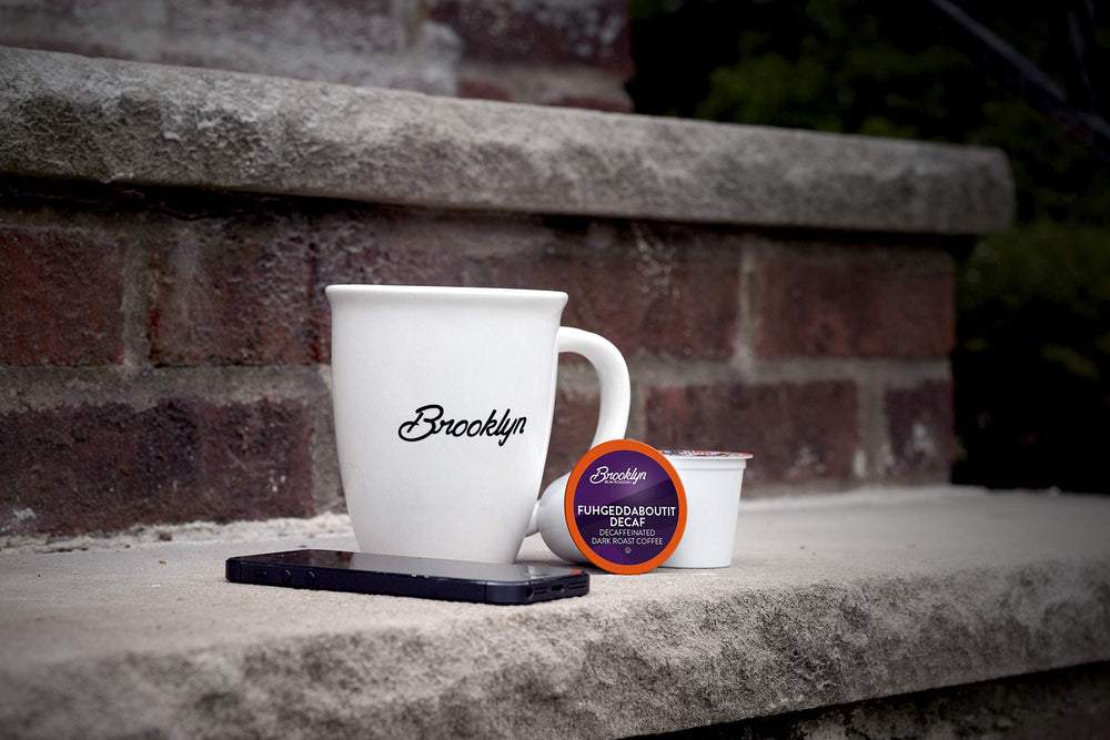 Brooklyn Beans Fuhgeddaboutit Decaf box, convenient 40-count pack for busy mornings.
