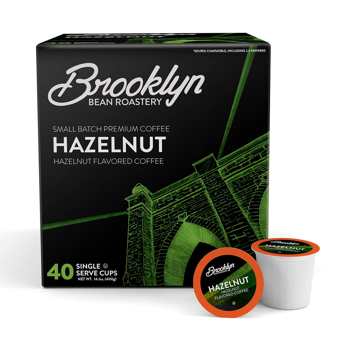 Brooklyn Beans Hazelnut Gourmet Coffee Pods close-up with rich aroma.