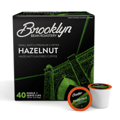 Brooklyn Beans Hazelnut Gourmet Coffee Pods close-up with rich aroma.