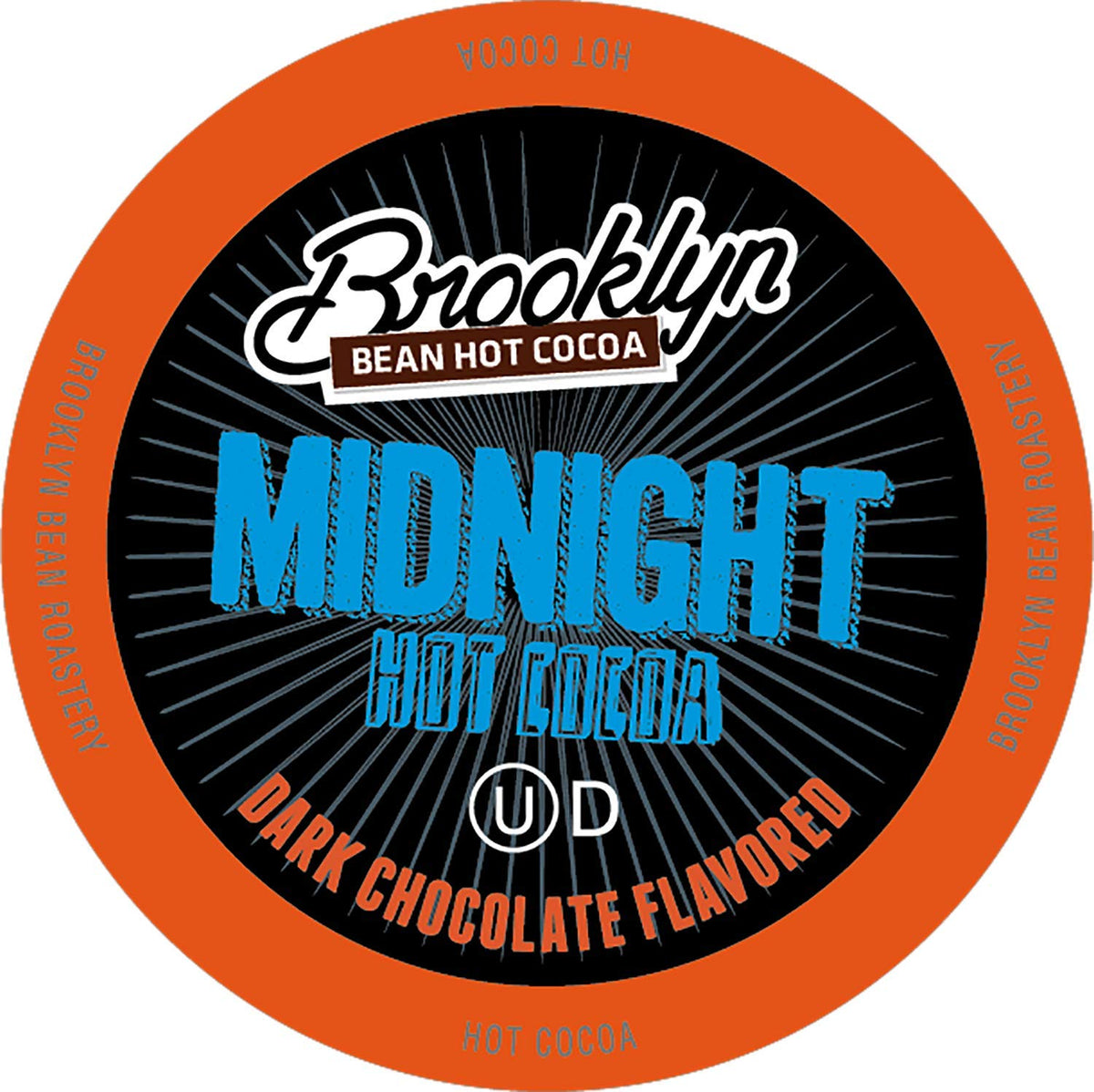Brooklyn Beans Midnight Cocoa pods on the box front, gluten-free and convenient for cozy evenings.