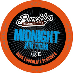 Brooklyn Beans Midnight Cocoa pods on the box front, gluten-free and convenient for cozy evenings.