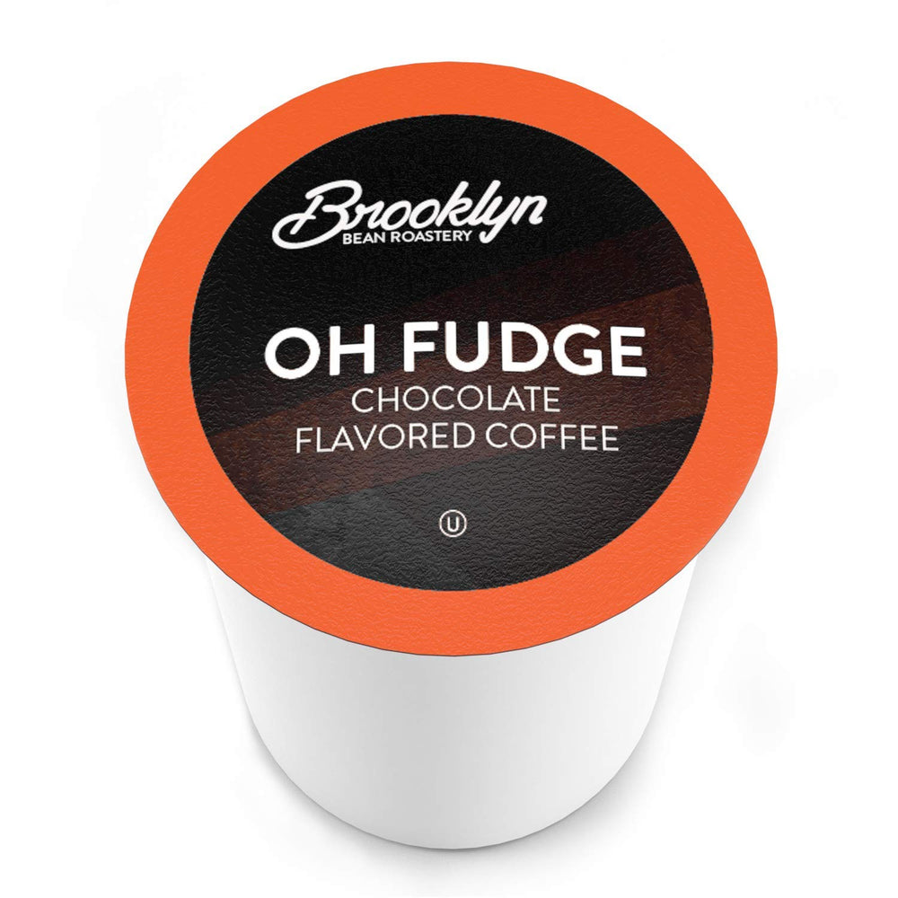 Brooklyn Beans Oh Fudge pods ready for Keurig brewing, quick chocolate indulgence at home.