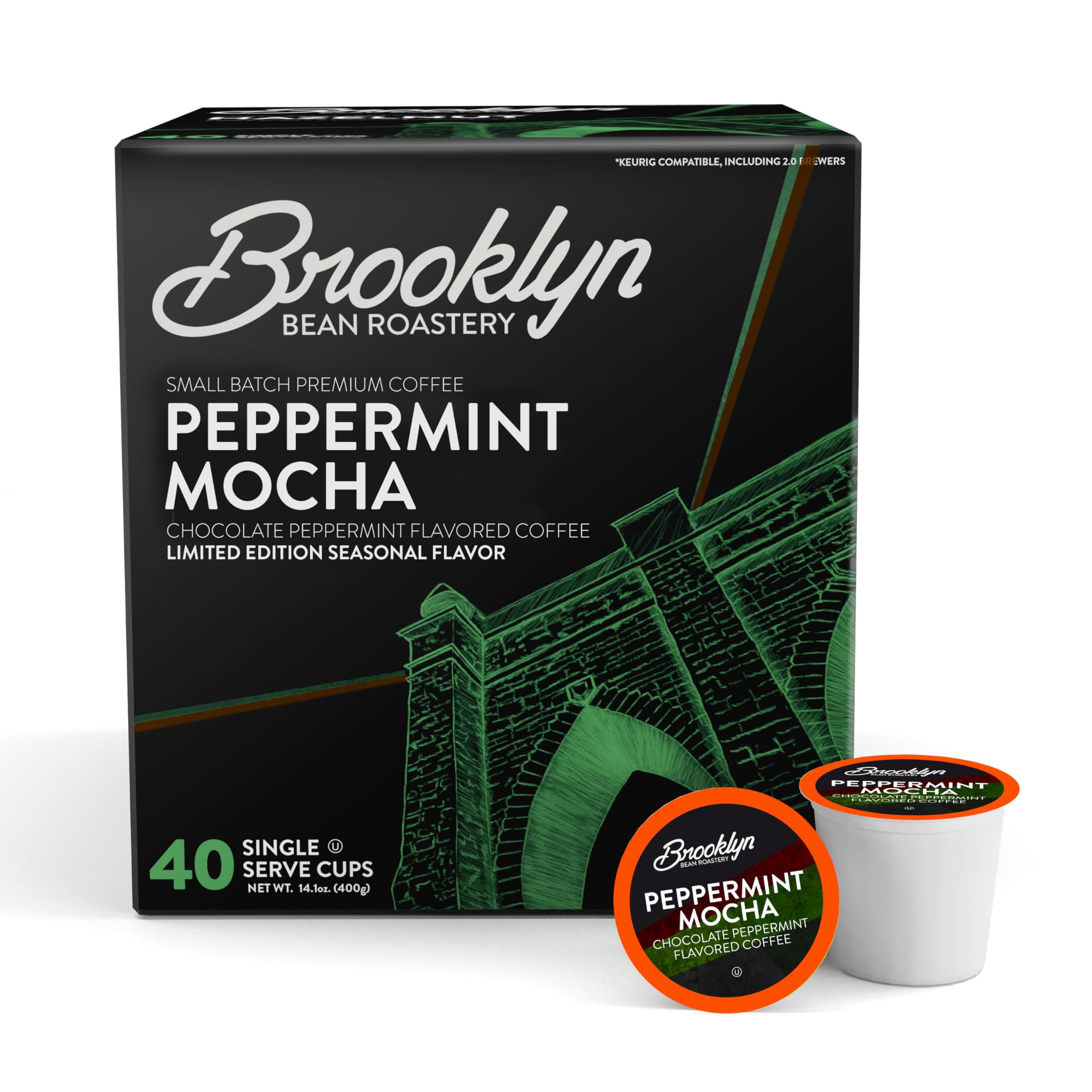 Brooklyn Beans Peppermint Mocha pods ready to brew, convenient single-serve cups.