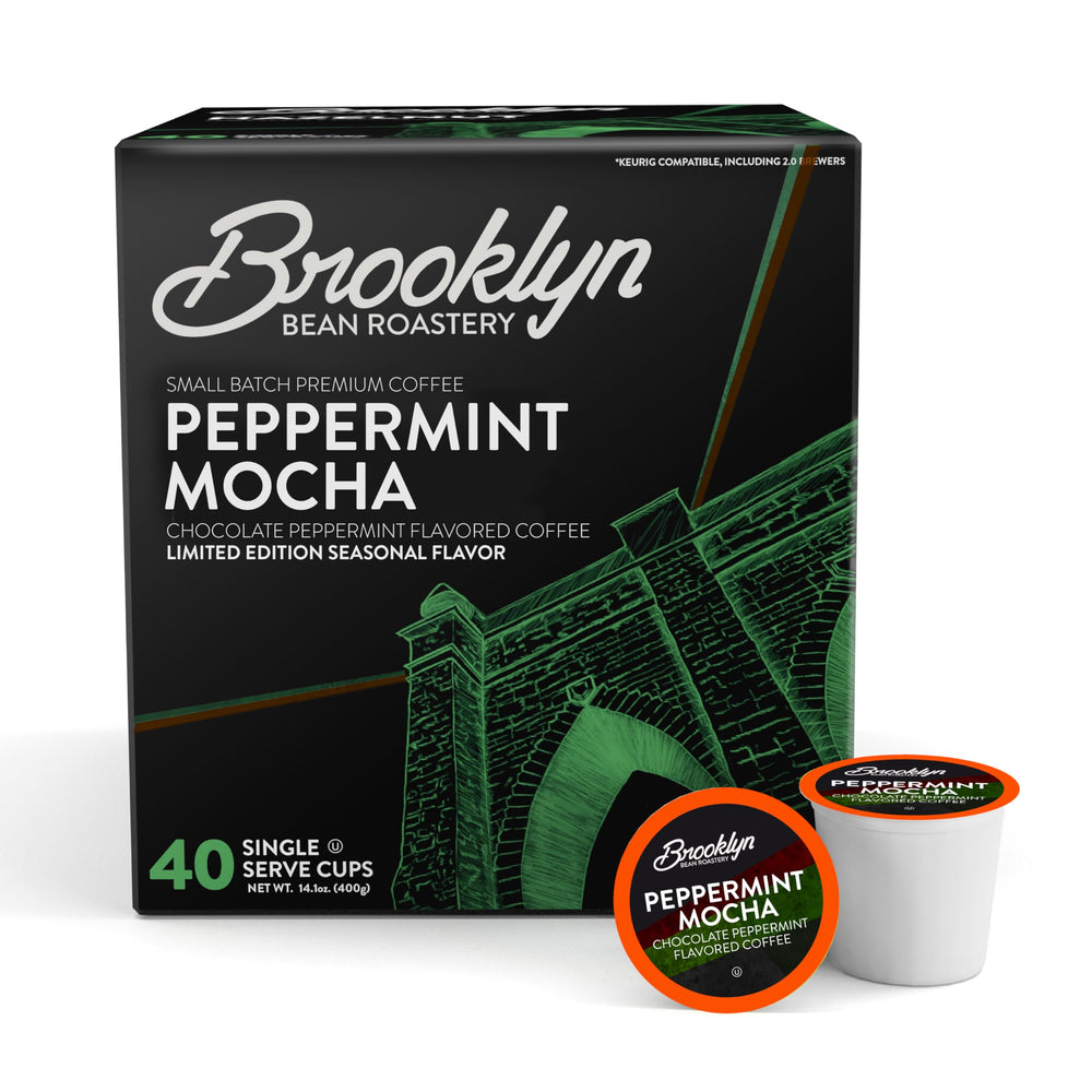 Brooklyn Beans Peppermint Mocha pods ready to brew, convenient single-serve cups.
