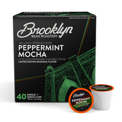 Brooklyn Beans Peppermint Mocha pods ready to brew, convenient single-serve cups.