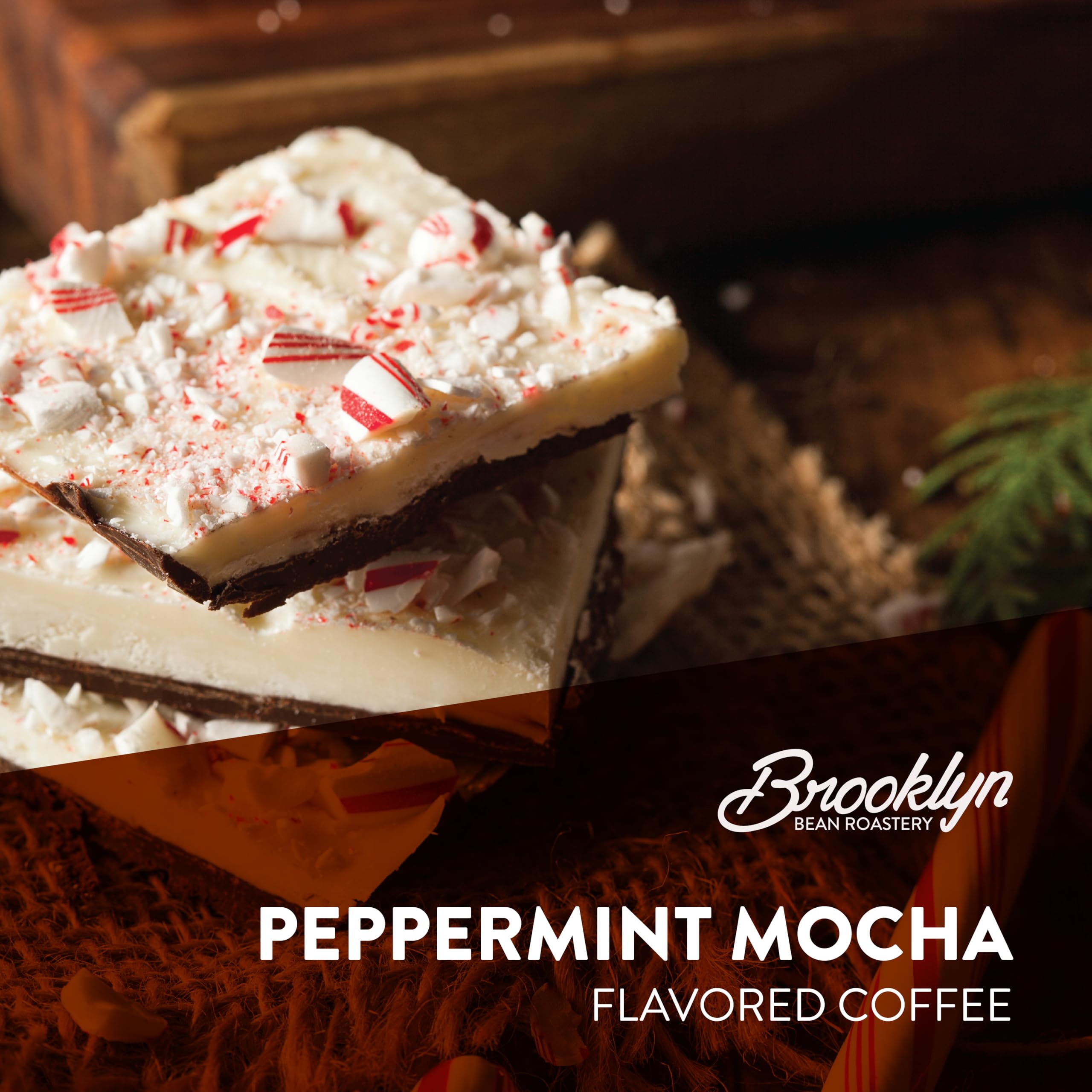Brooklyn Beans Peppermint Mocha pods brewed into a festive cup for cozy mornings.