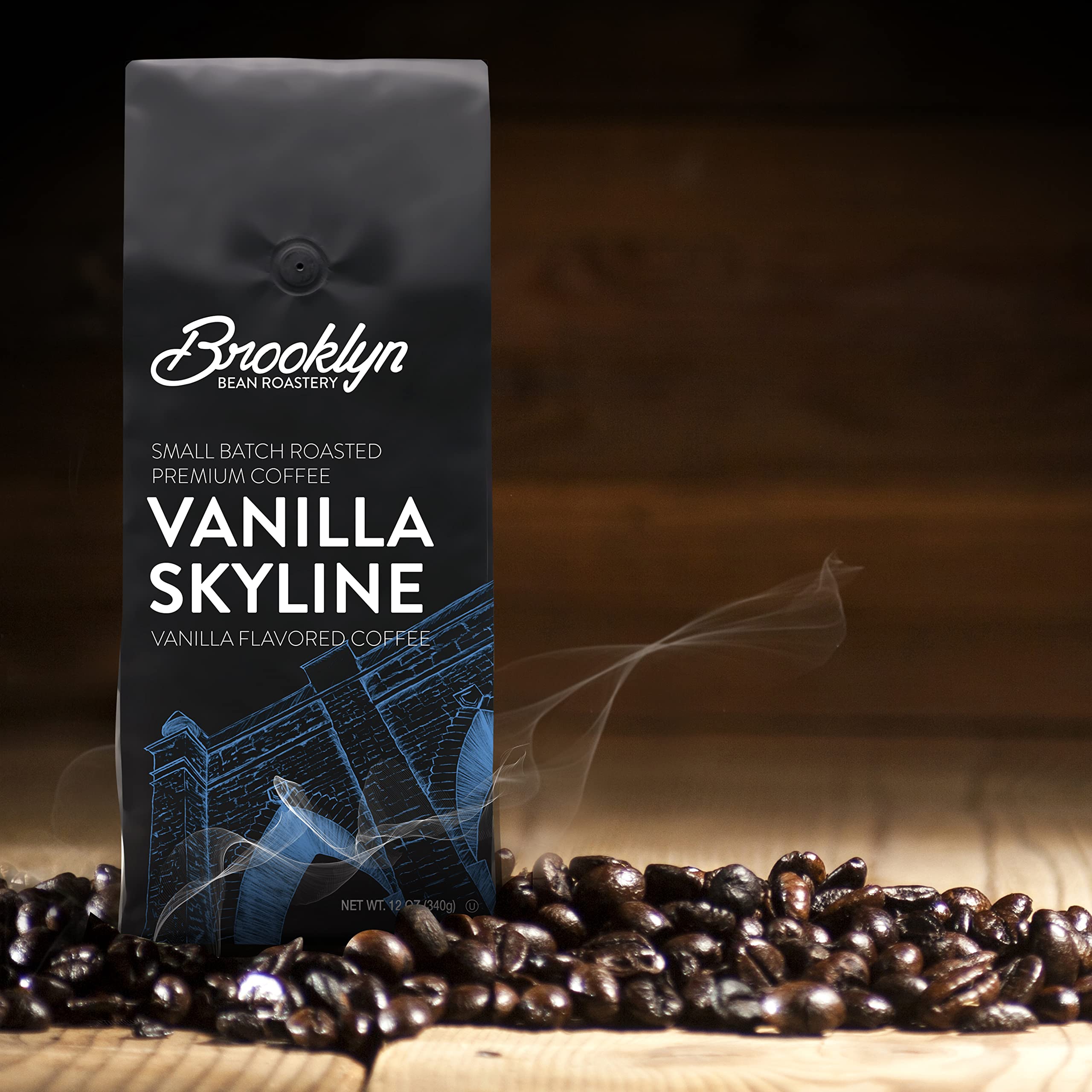 Brooklyn Beans Vanilla Skyline ground bag close-up highlights premium beans for freshness.