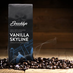 Brooklyn Beans Vanilla Skyline ground bag close-up highlights premium beans for freshness.