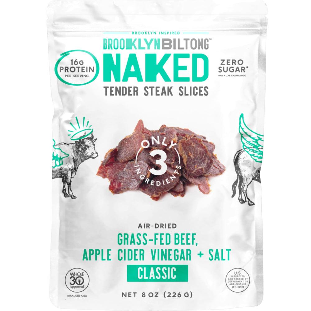 Brooklyn Biltong Naked 8oz pack, ideal on-the-go protein snack.