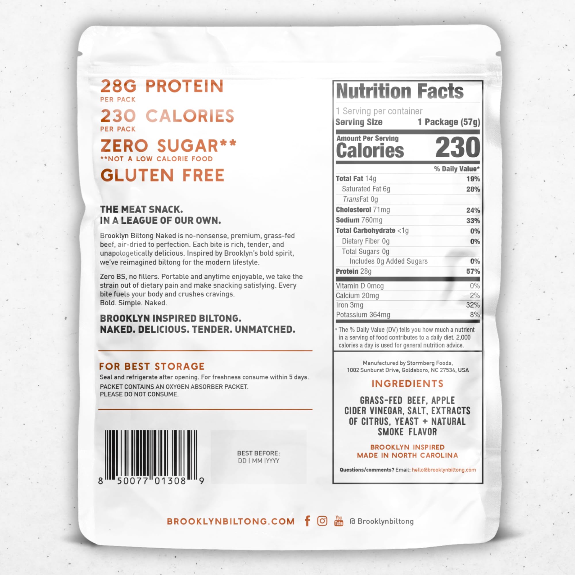 Brooklyn Biltong Naked Skinny Sticks 2oz pack back view, simple ingredients and zero sugar.