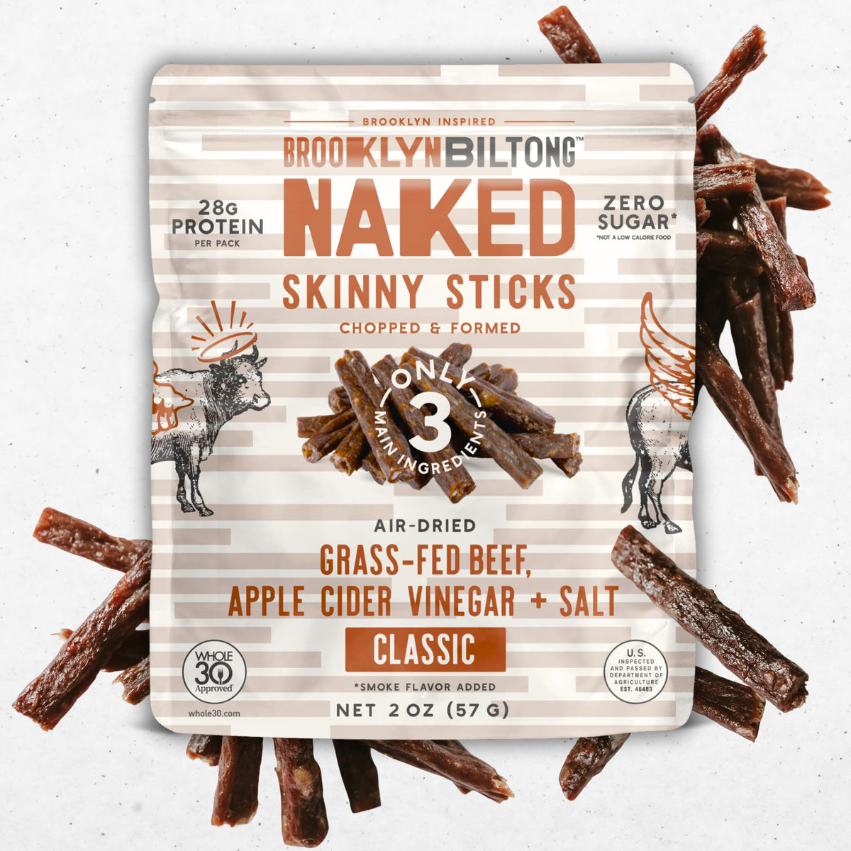 Brooklyn Biltong Naked Skinny Sticks 2oz pack front view, high-protein snack for on-the-go.