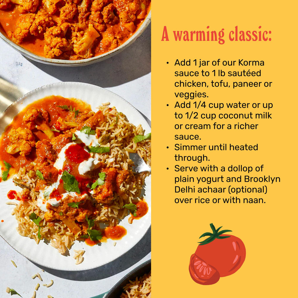 Brooklyn Delhi Korma ingredients close-up suggests vegan, low sugar, low sodium profile.