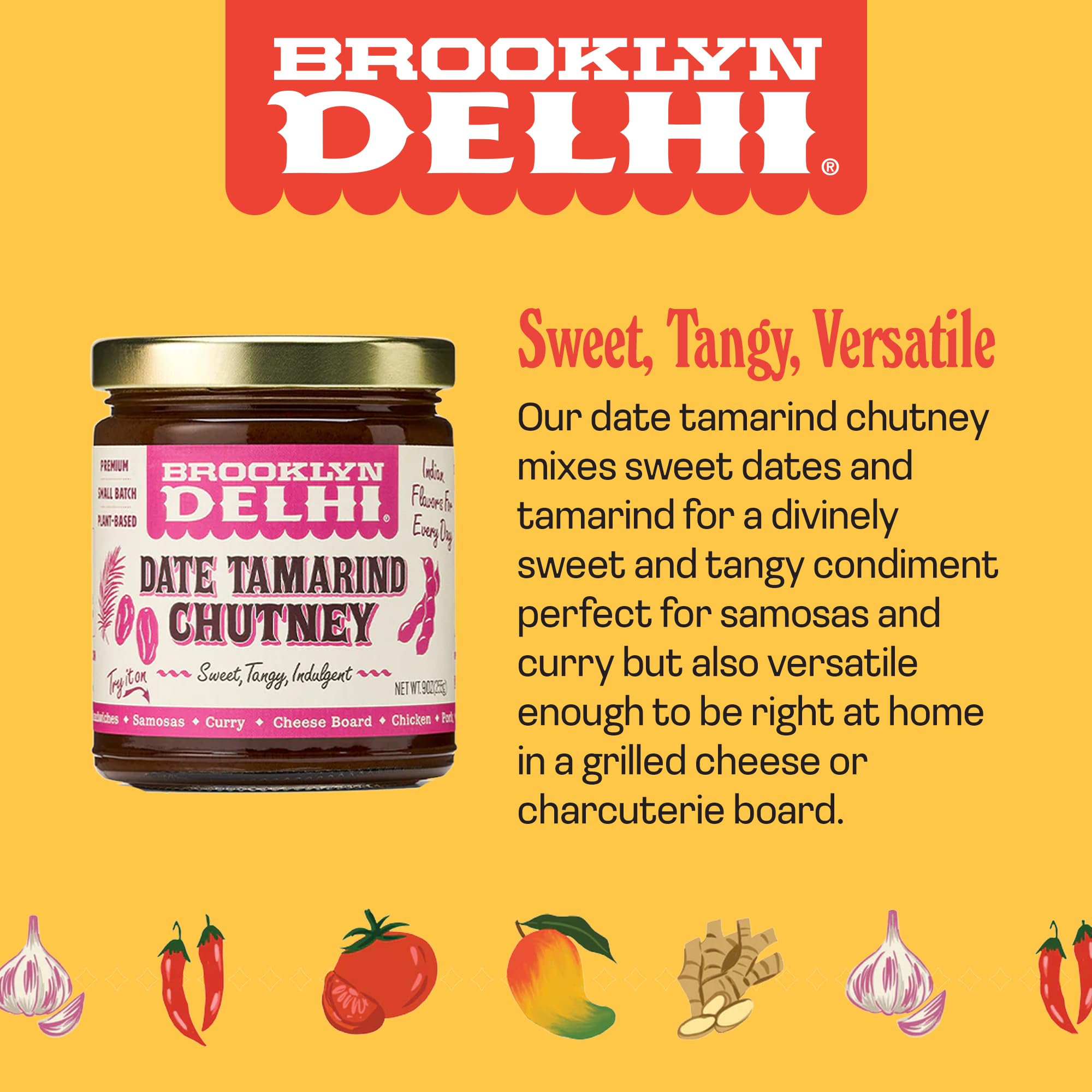 Brooklyn Delhi Date Tamarind Chutney dip beside fresh veggies for snacking.