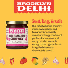Brooklyn Delhi Date Tamarind Chutney dip beside fresh veggies for snacking.