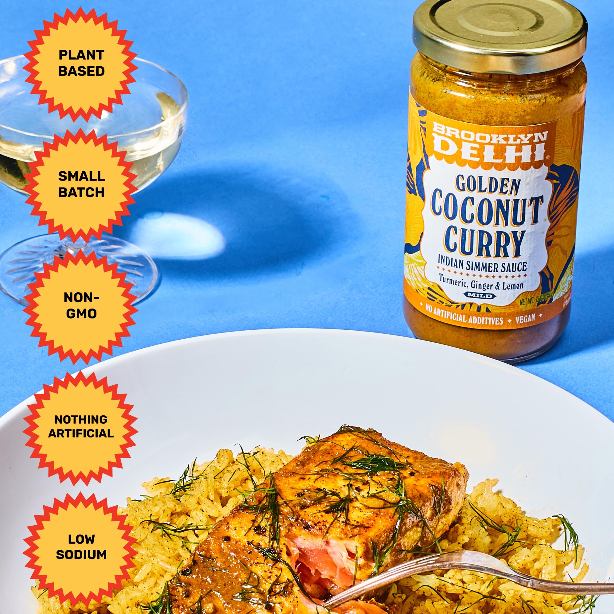 Brooklyn Delhi Golden Coconut Curry serving over rice – bright plant-based flavor.