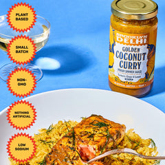 Brooklyn Delhi Golden Coconut Curry serving over rice – bright plant-based flavor.