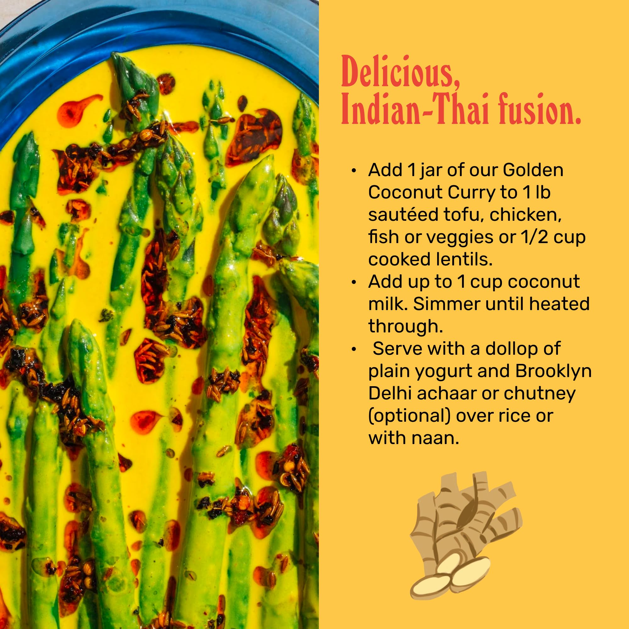 Brooklyn Delhi Golden Coconut Curry with chicken – versatile sauce for proteins.