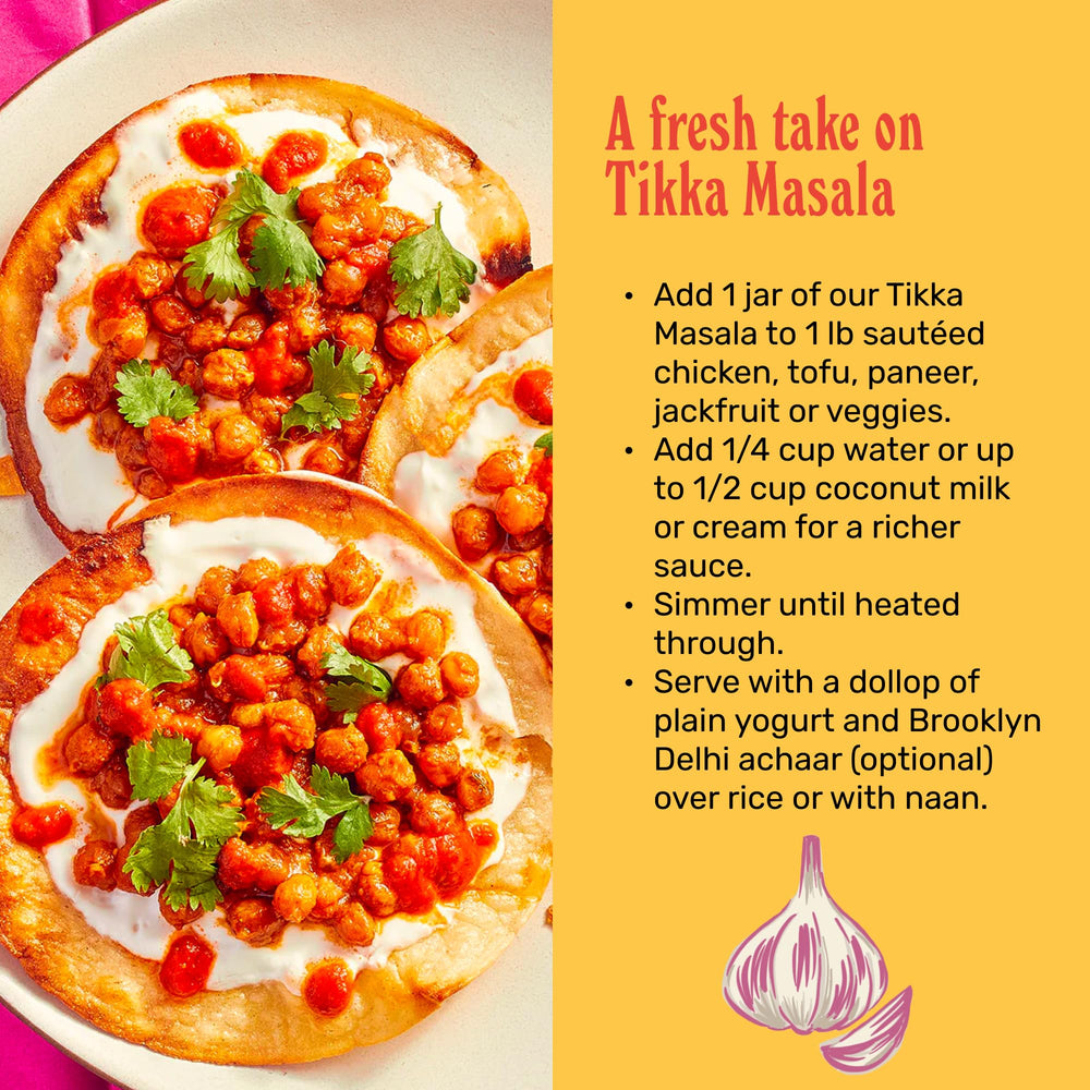 Brooklyn Delhi Tikka Masala jar beside tofu skillet for quick vegan meals