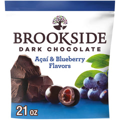Brookside dark chocolate with acai and blueberry centers in a bag view, ideal for on-the-go snacking.