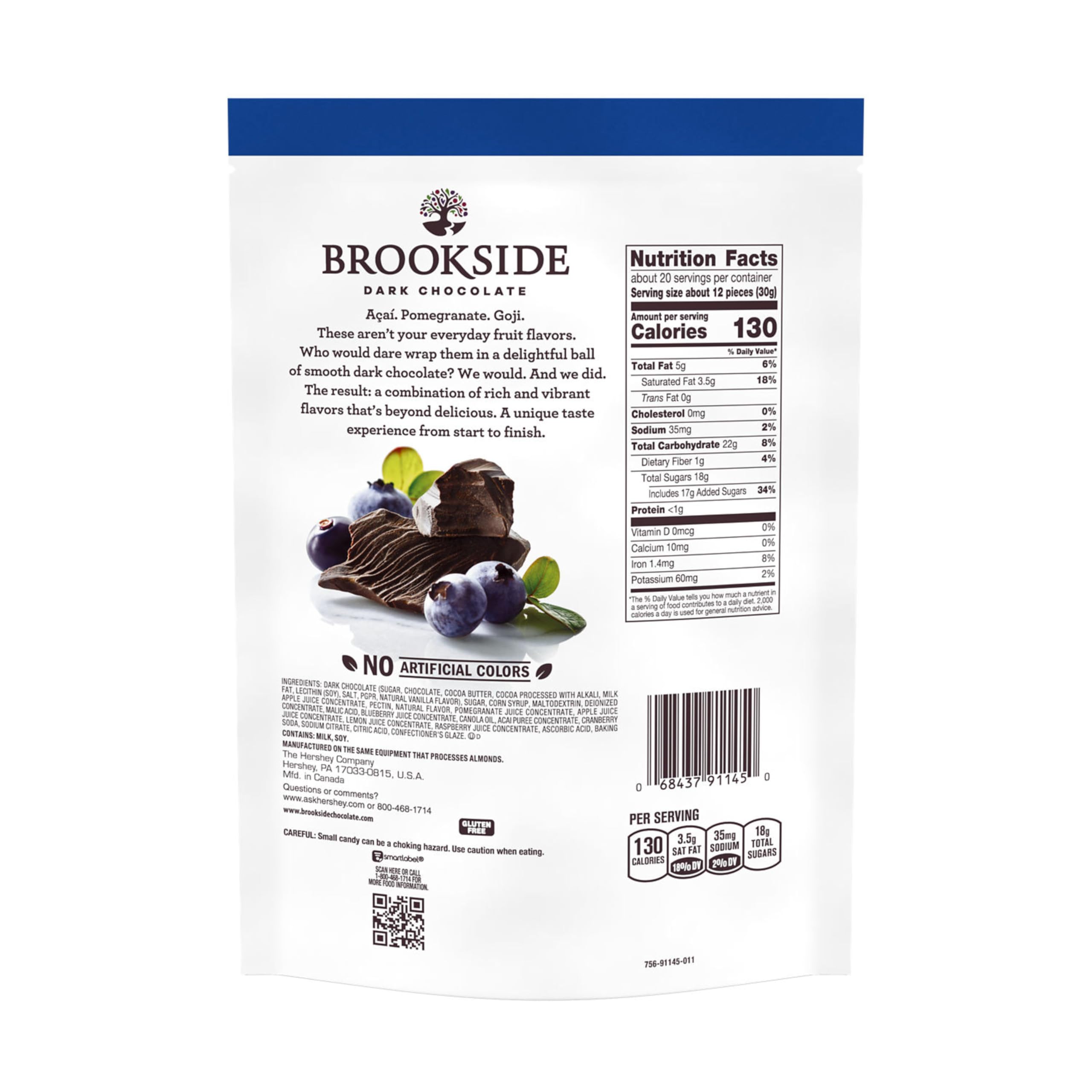 Close-up of Brookside dark chocolate morsels with acai blueberry centers, chewy fruit centers.