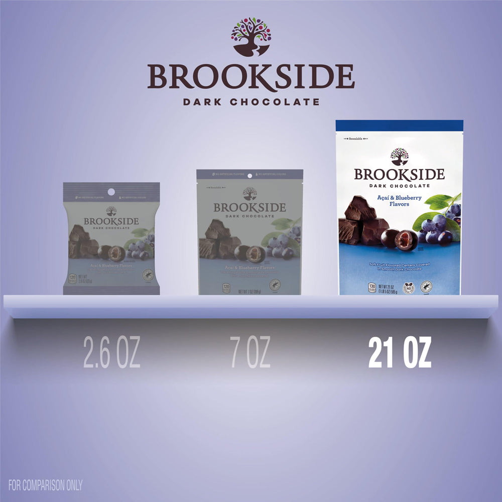 Inside look at Brookside acai blueberry centers with dark chocolate coating, ready for snack time.