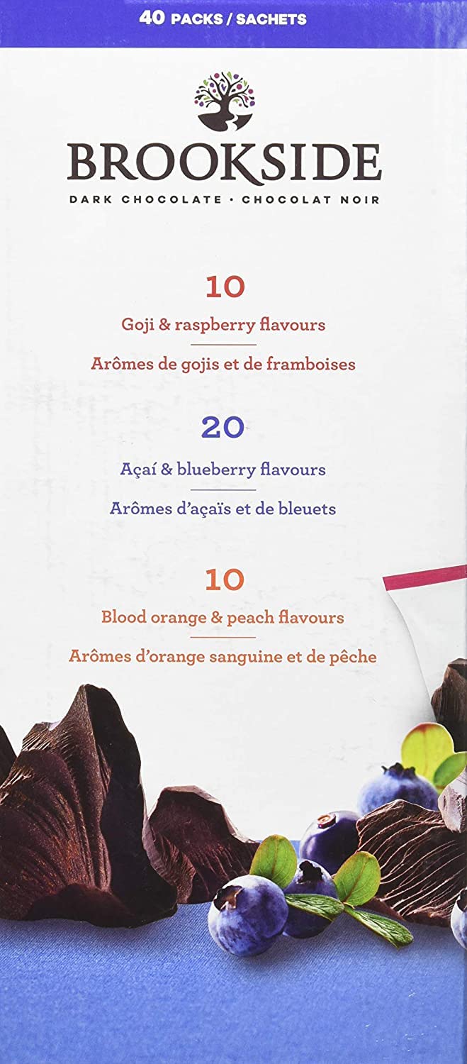 Brookside dark chocolate covered fruit melt-in-mouth texture, ideal quick snack.