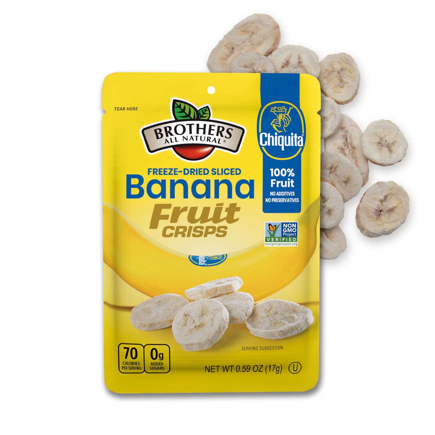Brothers All Natural freeze-dried banana bag showing convenient, portion-controlled snack.