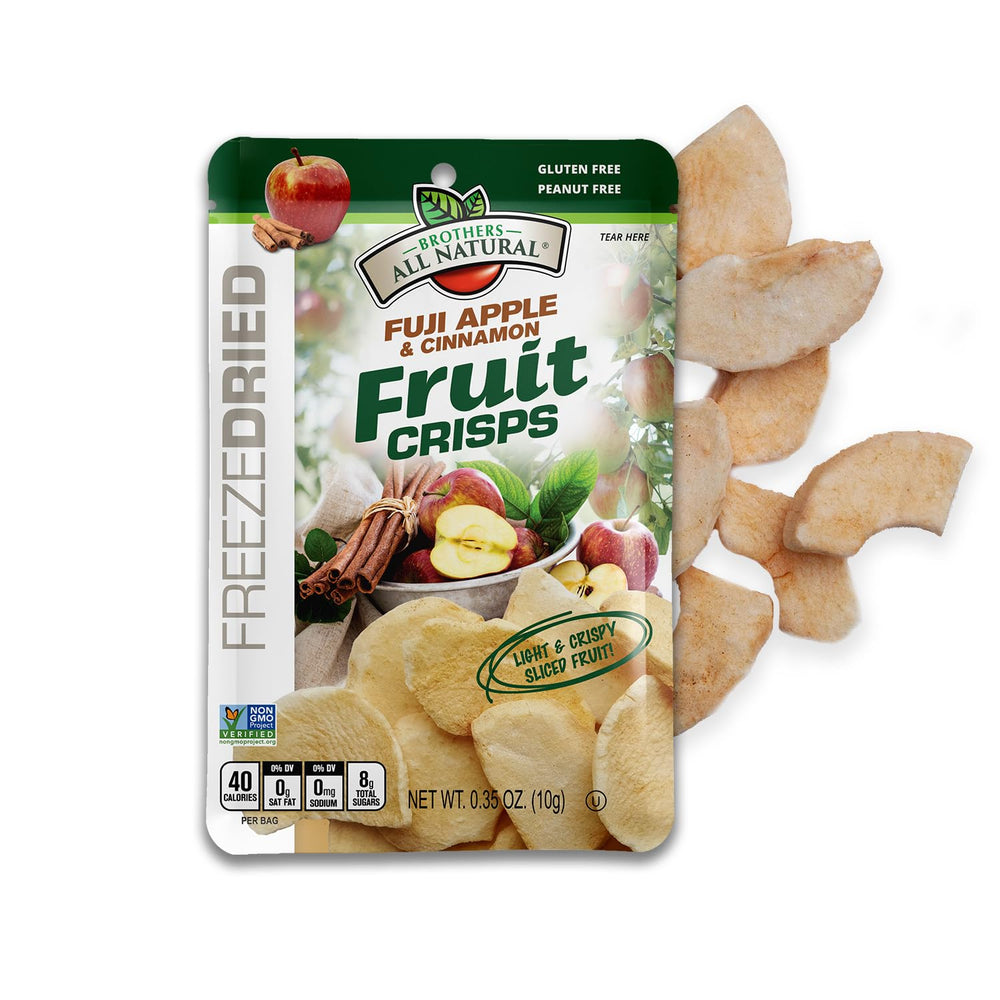 Brothers All Natural Fuji Apple Cinnamon crisps in a bag, a convenient gluten-free snack.