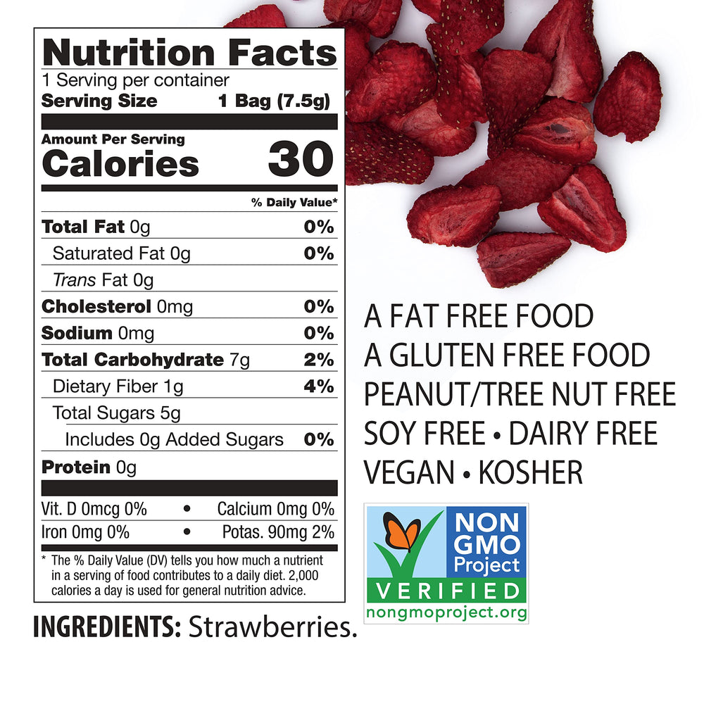 Brothers All Natural strawberry crisps close-up showing vibrant color and crisp texture.