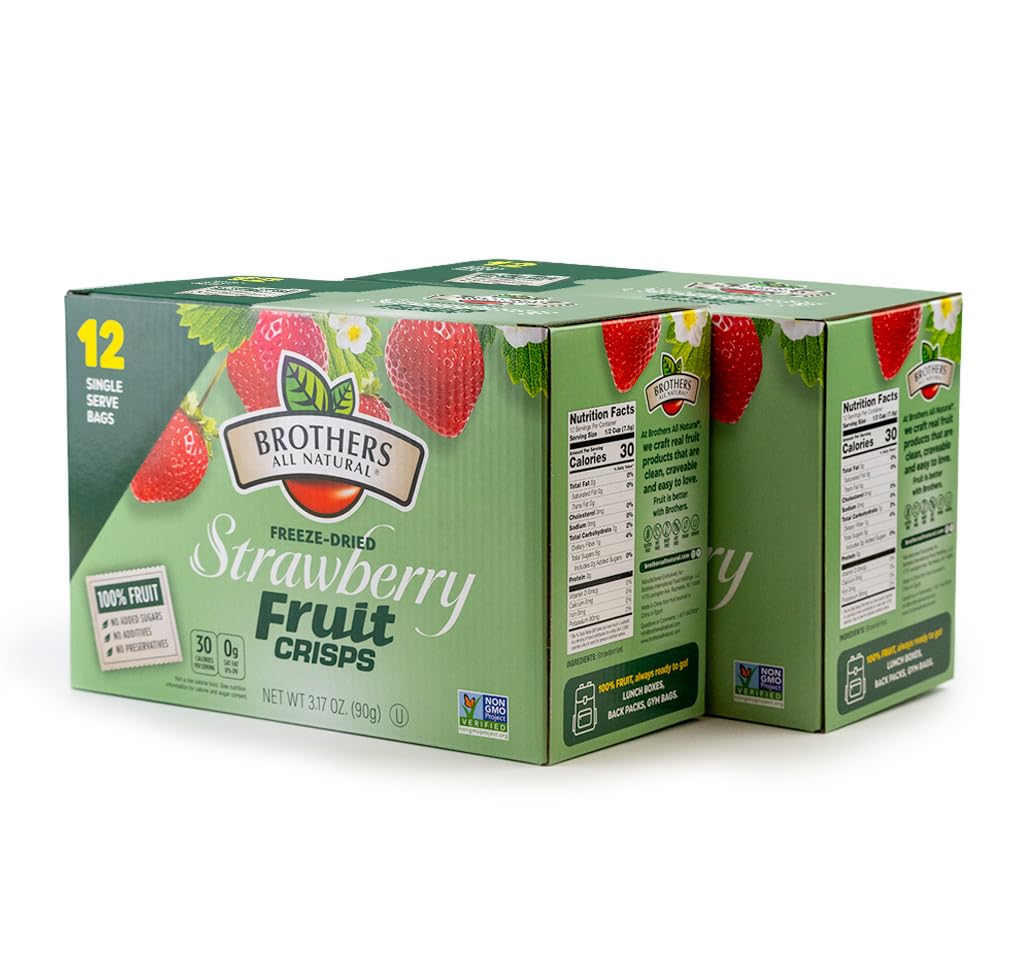 Brothers All Natural strawberry crisps in the front pack, snack-ready and portable.